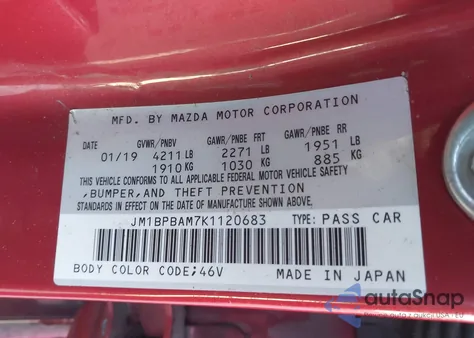 2019 Mazda Mazda3 Select Package from USA, damaged, VIN JM1BPBAM7K1120683
